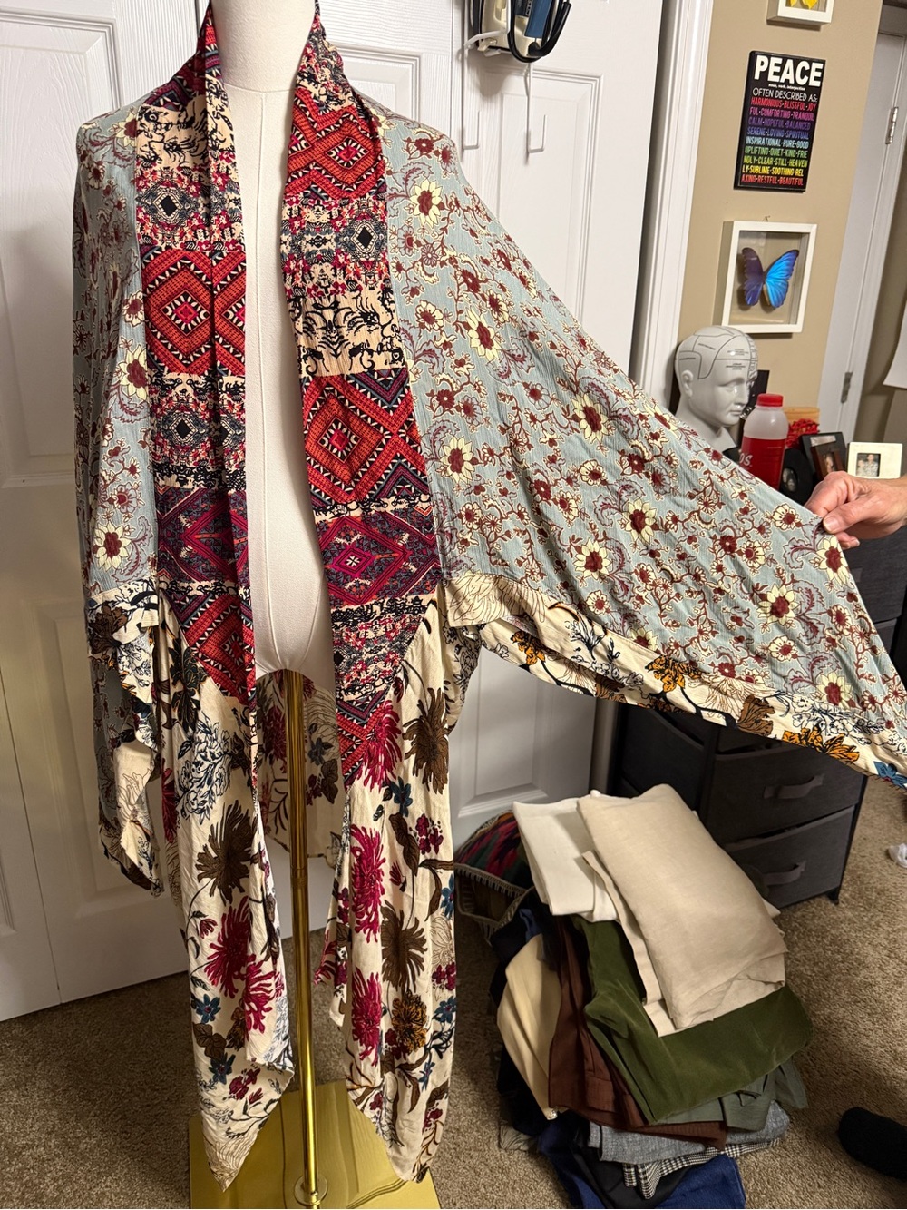 Anthropologie Red, Cream & Light Blue Boho Patchwork Kimono